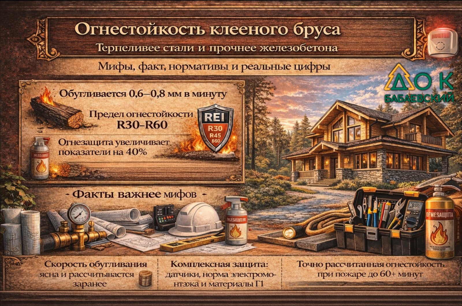 Огнестойкость клееного бруса. Терпеливее стали и прочнее железобетона. Мифы, факты, нормативы и реальные цифры.